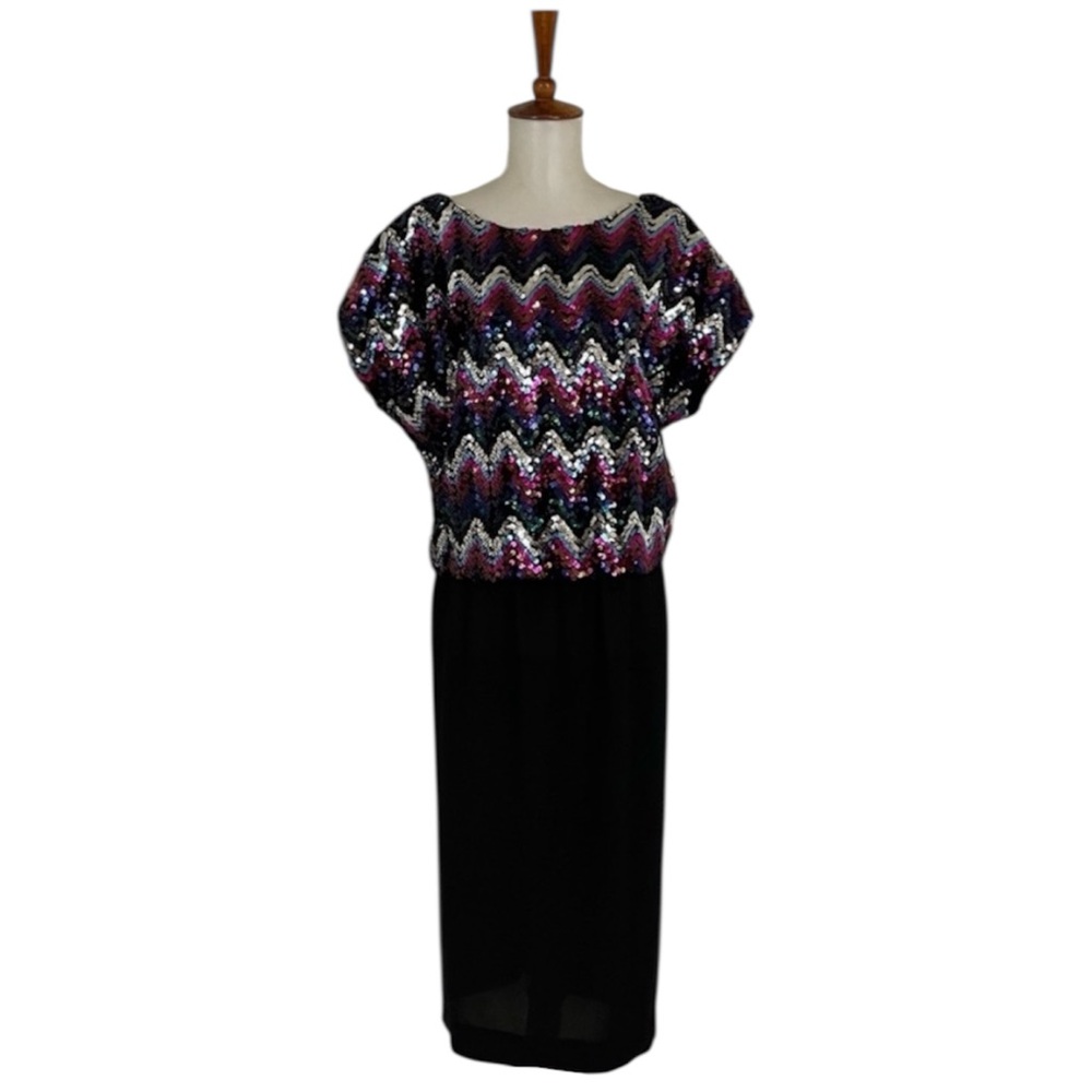Vintage Sequin Chevron Dress Women’s L Short Sleeve Crew Neck 80s Glam Party‎